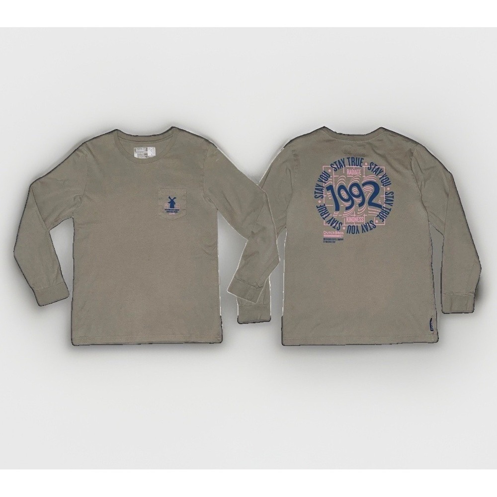 Dutch Bros Coffee Mens M Long Sleeve Pocket T Shirt Stay True Stay You Beige Tee